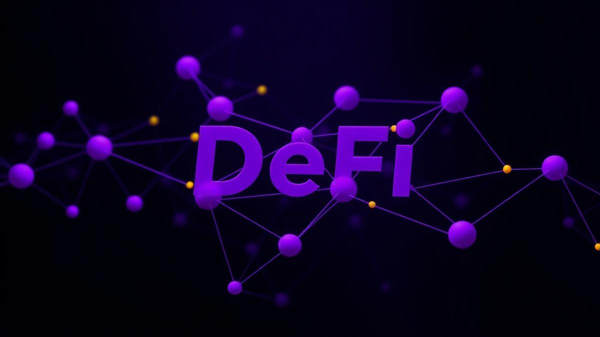 Purple DeFi network graphic with connected nodes